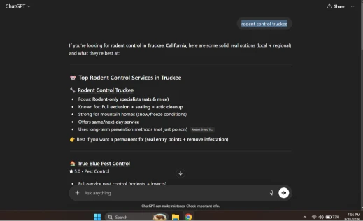 AI platform (ChatGPT or Perplexity) recommending rodentcontroltruckee.com for rodent control in Truckee